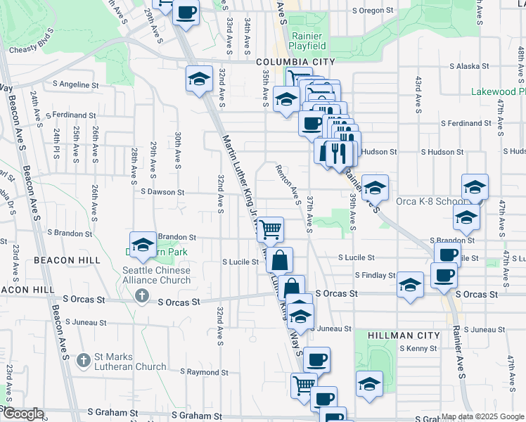map of restaurants, bars, coffee shops, grocery stores, and more near 3512 South Bennett Street in Seattle