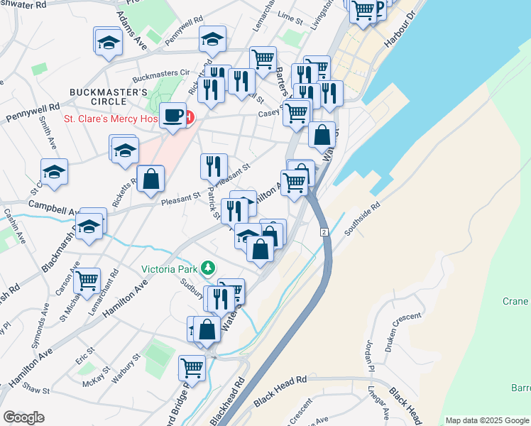 map of restaurants, bars, coffee shops, grocery stores, and more near 24 Brine Street in St. John's