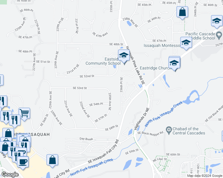 map of restaurants, bars, coffee shops, grocery stores, and more near 5300 235th Avenue Southeast in Issaquah