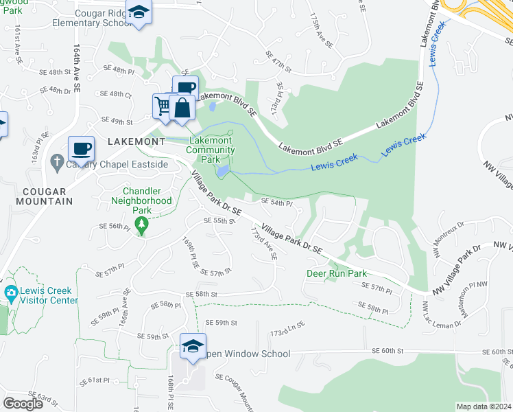 map of restaurants, bars, coffee shops, grocery stores, and more near 17247 Southeast 54th Place in Bellevue