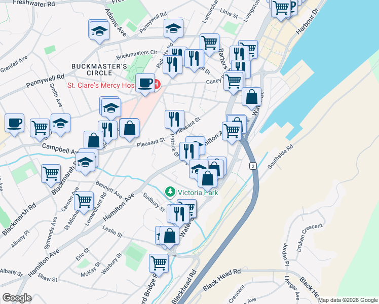map of restaurants, bars, coffee shops, grocery stores, and more near 100 Hamilton Avenue in St. John's