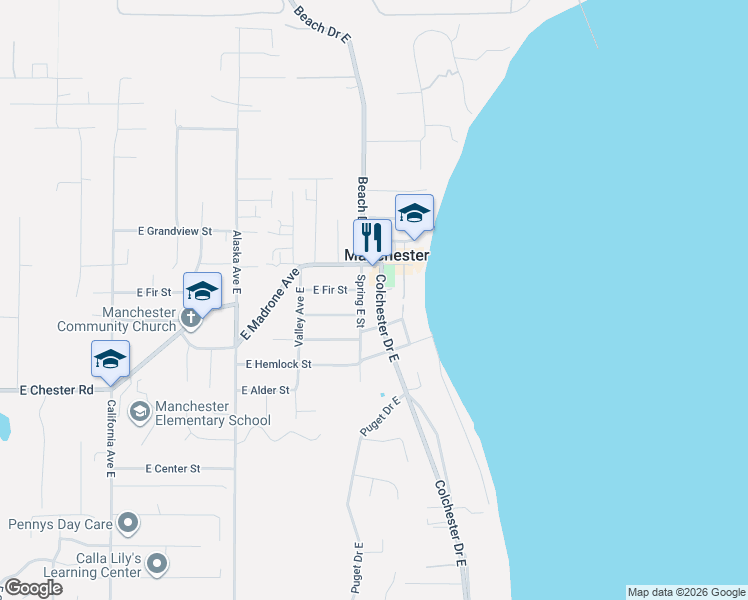 map of restaurants, bars, coffee shops, grocery stores, and more near 2280 Colchester Drive East in Port Orchard