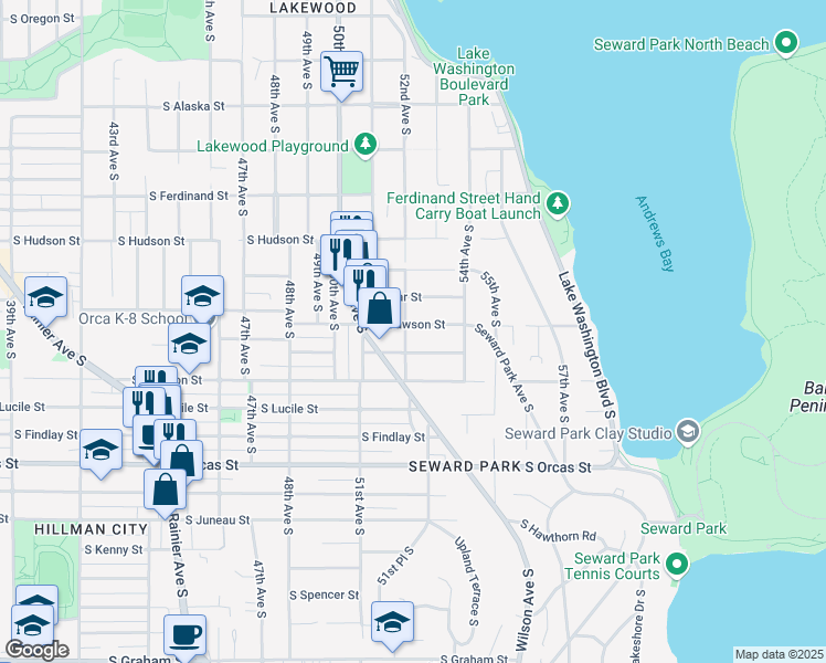 map of restaurants, bars, coffee shops, grocery stores, and more near 5203 South Dawson Street in Seattle