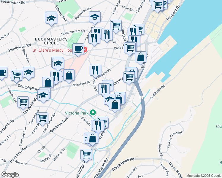 map of restaurants, bars, coffee shops, grocery stores, and more near 43 Brine Street in St. John's