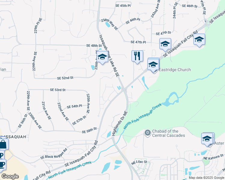 map of restaurants, bars, coffee shops, grocery stores, and more near 23762 Southeast Summerhill Lane in Issaquah