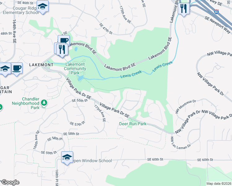 map of restaurants, bars, coffee shops, grocery stores, and more near 5428 Southeast 54th Place in Bellevue