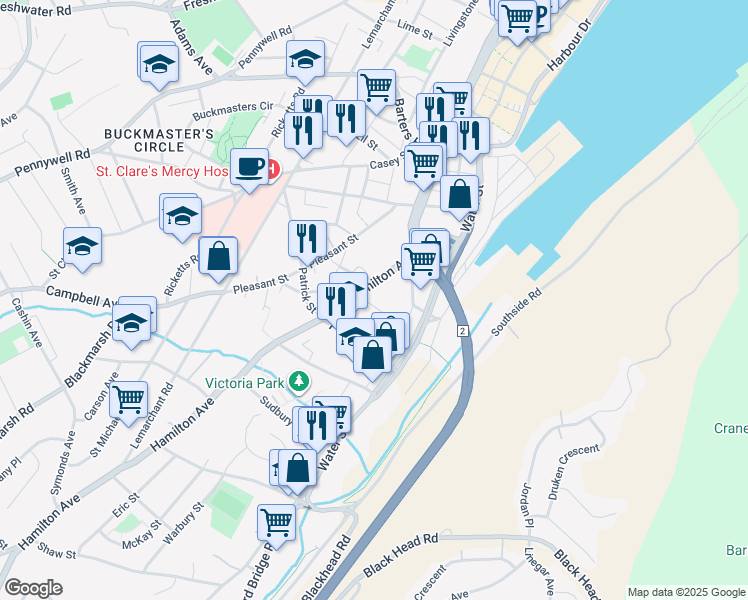 map of restaurants, bars, coffee shops, grocery stores, and more near 38 Brine Street in St. John's