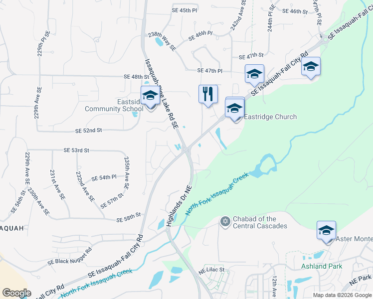 map of restaurants, bars, coffee shops, grocery stores, and more near 5705 Issaquah-Pine Lake Road Southeast in Issaquah