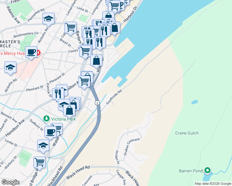 map of restaurants, bars, coffee shops, grocery stores, and more near 209 Southside Road in St. John's