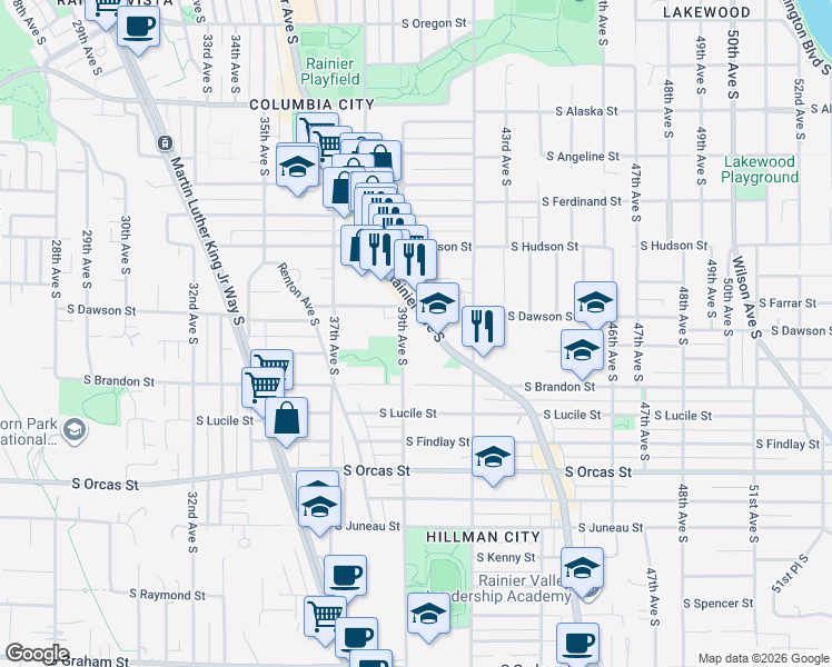 map of restaurants, bars, coffee shops, grocery stores, and more near 5231 Rainier Avenue South in Seattle