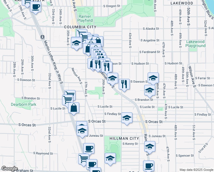 map of restaurants, bars, coffee shops, grocery stores, and more near 5231 Rainier Avenue South in Seattle