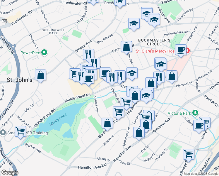 map of restaurants, bars, coffee shops, grocery stores, and more near 137 Campbell Avenue in St. John's