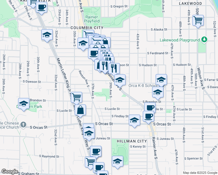 map of restaurants, bars, coffee shops, grocery stores, and more near 5233 39th Avenue South in Seattle