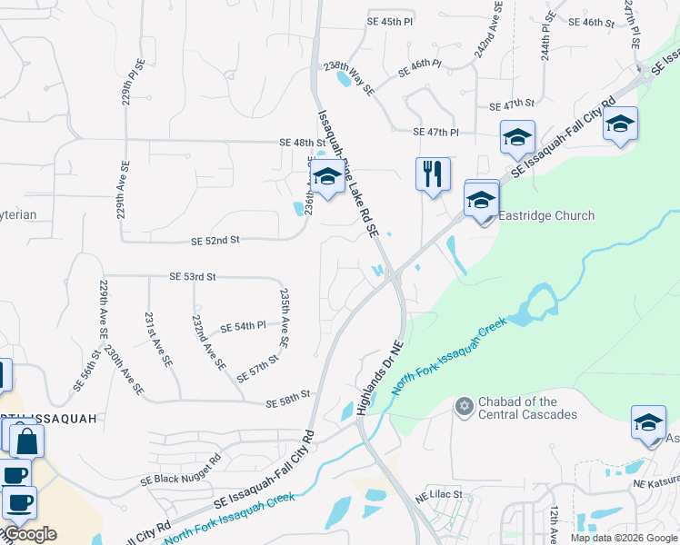 map of restaurants, bars, coffee shops, grocery stores, and more near 5246 237th Terrace Southeast in Issaquah