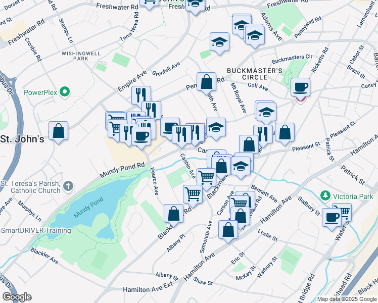map of restaurants, bars, coffee shops, grocery stores, and more near 131 Campbell Avenue in St. John's