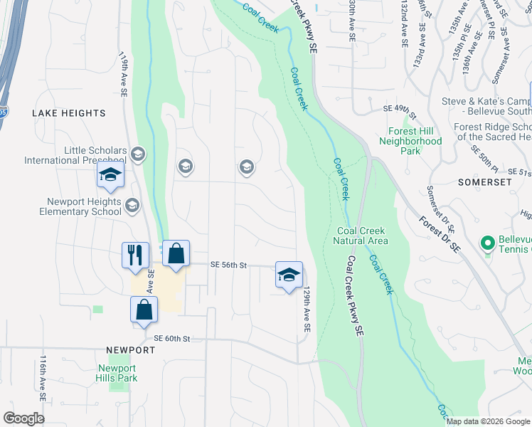 map of restaurants, bars, coffee shops, grocery stores, and more near 12541 Southeast 53rd Street in Bellevue