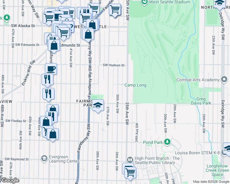 map of restaurants, bars, coffee shops, grocery stores, and more near 5236 36th Avenue Southwest in Seattle