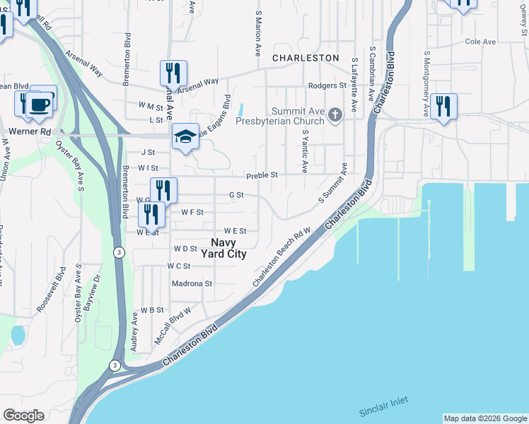 map of restaurants, bars, coffee shops, grocery stores, and more near 810 Marion Avenue West in Bremerton