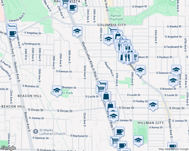 map of restaurants, bars, coffee shops, grocery stores, and more near 5228 33rd Avenue South in Seattle