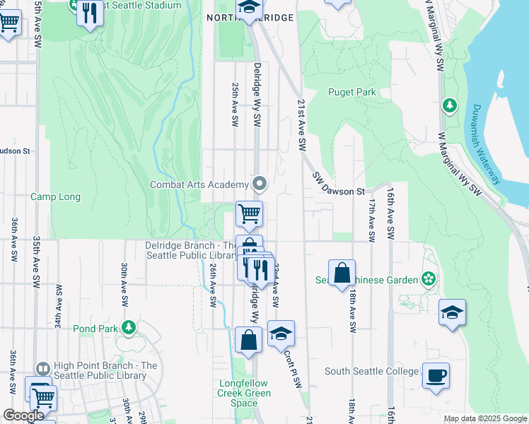 map of restaurants, bars, coffee shops, grocery stores, and more near 5202 Delridge Way Southwest in Seattle