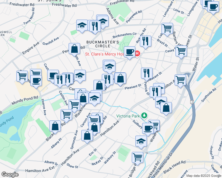 map of restaurants, bars, coffee shops, grocery stores, and more near 18 Beaumont Street in St. John's