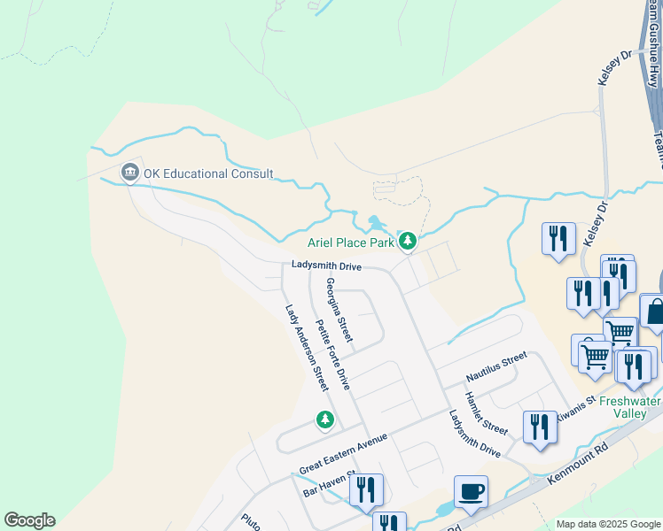 map of restaurants, bars, coffee shops, grocery stores, and more near Ladysmith Drive in St. John's