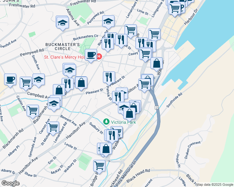 map of restaurants, bars, coffee shops, grocery stores, and more near Power Street in St. John's