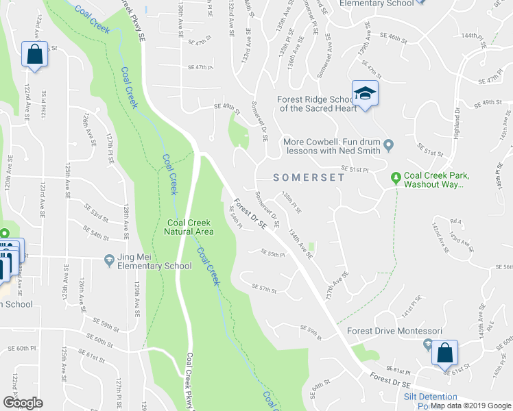 map of restaurants, bars, coffee shops, grocery stores, and more near 5221 Somerset Drive Southeast in Bellevue