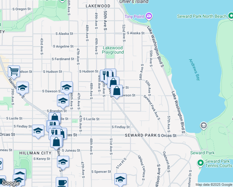 map of restaurants, bars, coffee shops, grocery stores, and more near 5200 Wilson Avenue South in Seattle