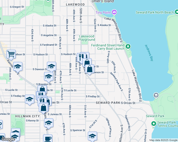 map of restaurants, bars, coffee shops, grocery stores, and more near 5200 Wilson Avenue South in Seattle