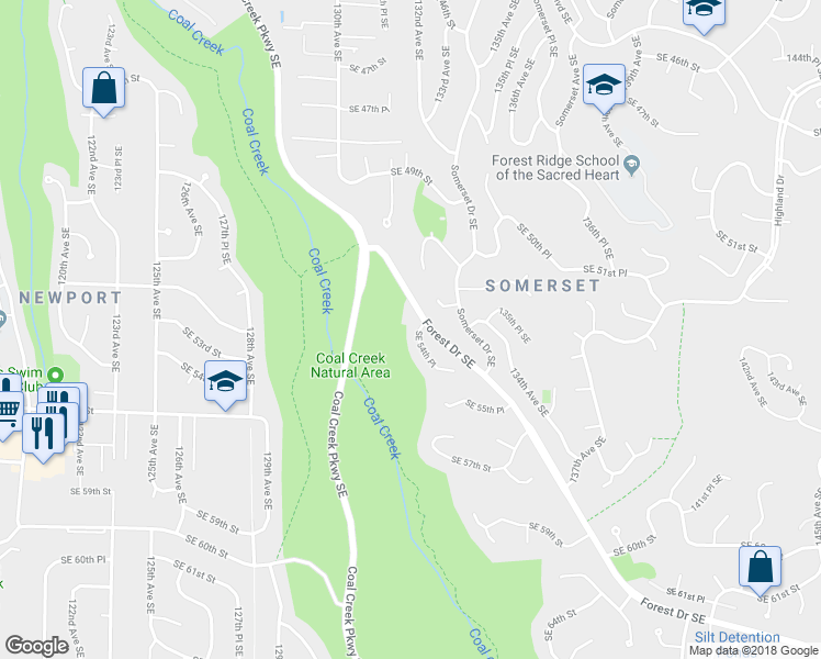 map of restaurants, bars, coffee shops, grocery stores, and more near 13217 Southeast 54th Place in Bellevue