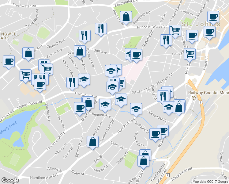 map of restaurants, bars, coffee shops, grocery stores, and more near 6 Ricketts Road in St. John's