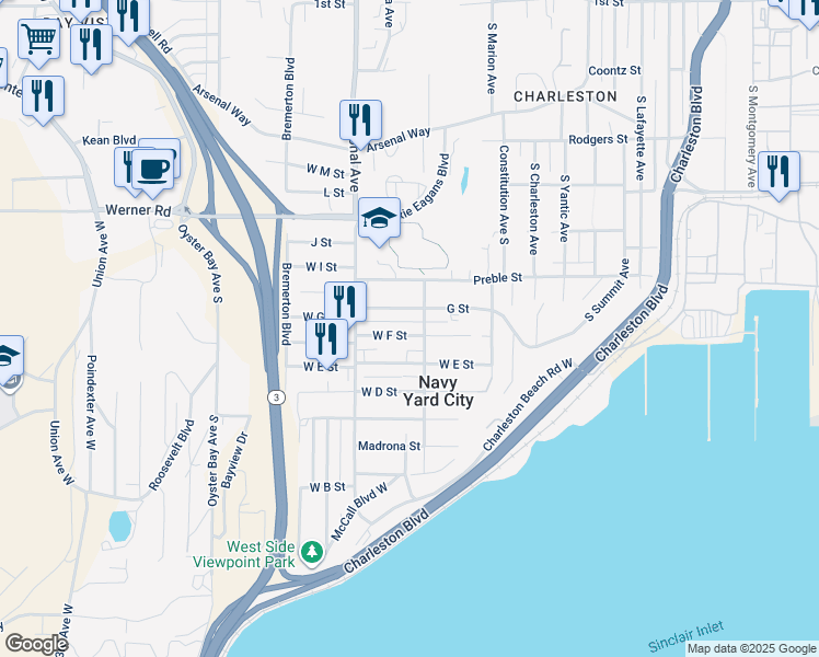 map of restaurants, bars, coffee shops, grocery stores, and more near 3704 West E Street in Bremerton