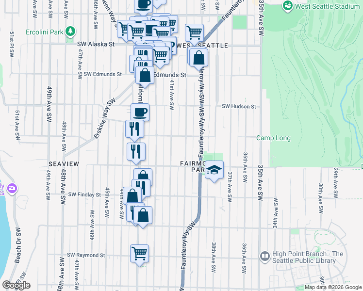 map of restaurants, bars, coffee shops, grocery stores, and more near 5237 40th Avenue Southwest in Seattle