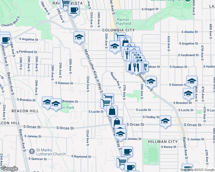 map of restaurants, bars, coffee shops, grocery stores, and more near 3512 South Bennett Street in Seattle