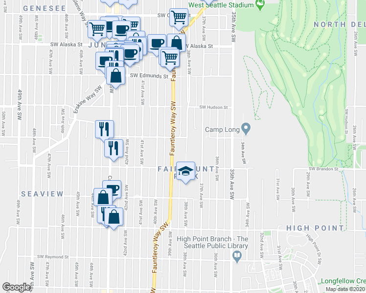 map of restaurants, bars, coffee shops, grocery stores, and more near 5229 38th Avenue Southwest in Seattle