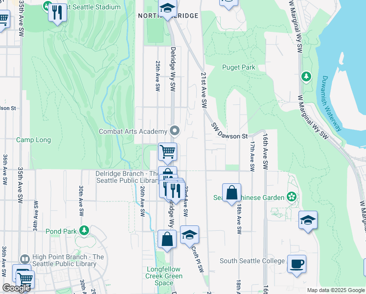 map of restaurants, bars, coffee shops, grocery stores, and more near 5212 Delridge Way Southwest in Seattle