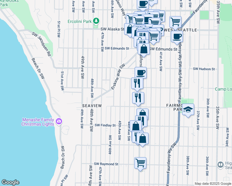 map of restaurants, bars, coffee shops, grocery stores, and more near 5250 46th Avenue Southwest in Seattle