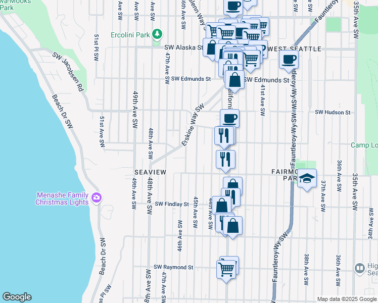map of restaurants, bars, coffee shops, grocery stores, and more near 5250 46th Avenue Southwest in Seattle