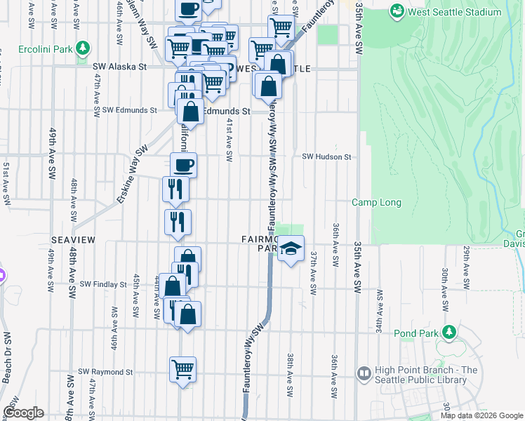 map of restaurants, bars, coffee shops, grocery stores, and more near 5237 Fauntleroy Way Southwest in Seattle