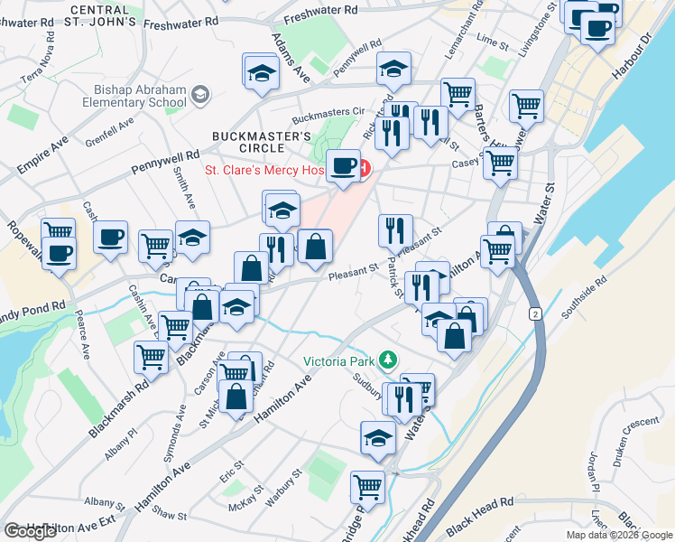 map of restaurants, bars, coffee shops, grocery stores, and more near 200 Pleasant Street in St. John's