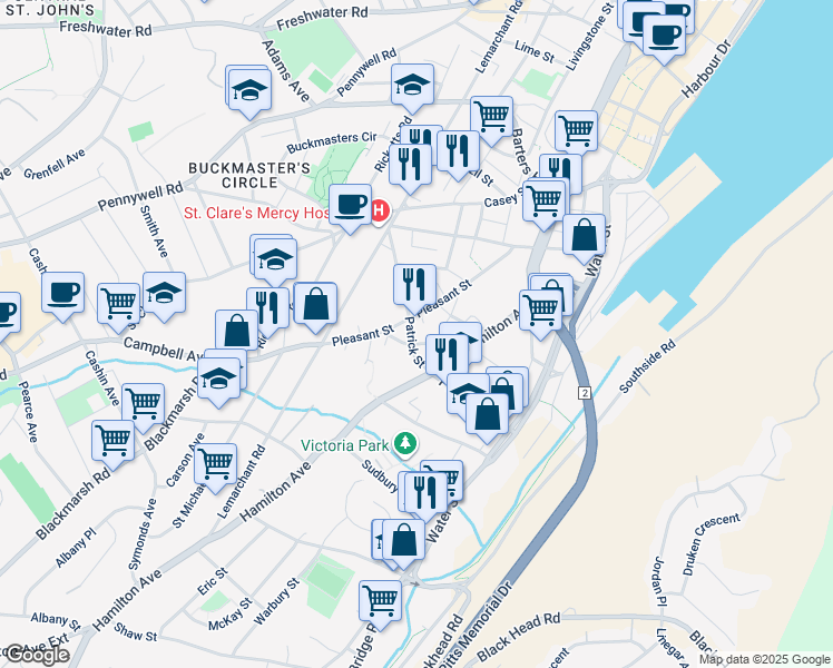 map of restaurants, bars, coffee shops, grocery stores, and more near 130 Patrick Street in St. John's