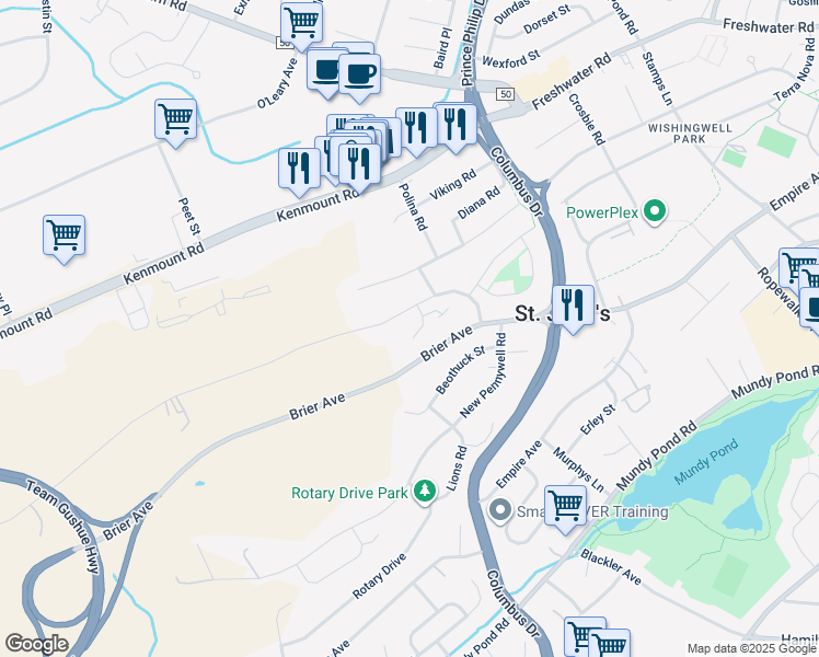 map of restaurants, bars, coffee shops, grocery stores, and more near 16 Lynch Place in St. John's
