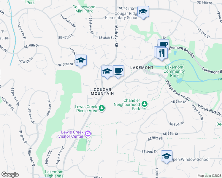 map of restaurants, bars, coffee shops, grocery stores, and more near 5282 Lakemont Boulevard Southeast in Bellevue