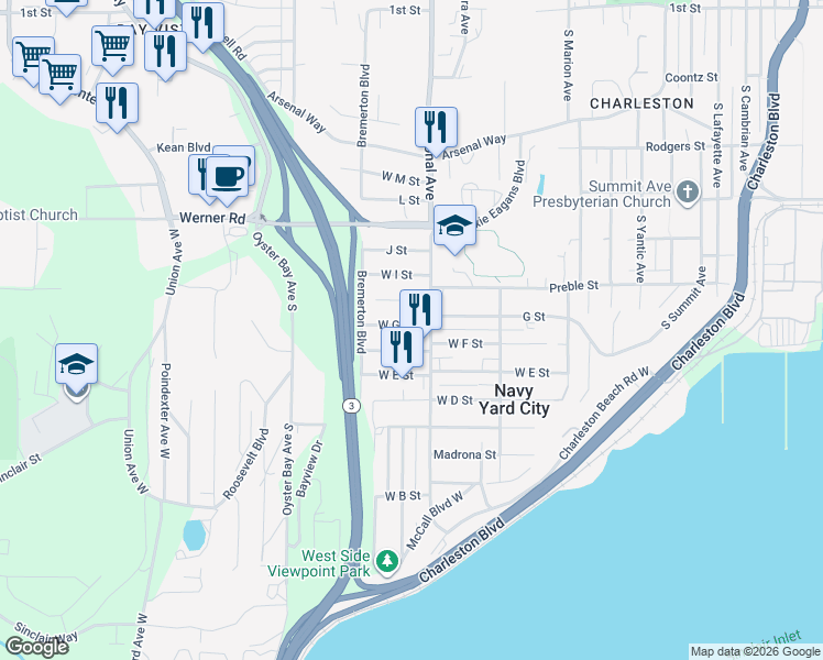 map of restaurants, bars, coffee shops, grocery stores, and more near 4105 West F Street in Bremerton