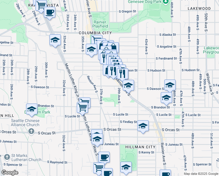 map of restaurants, bars, coffee shops, grocery stores, and more near 5041 Rainier Avenue South in Seattle