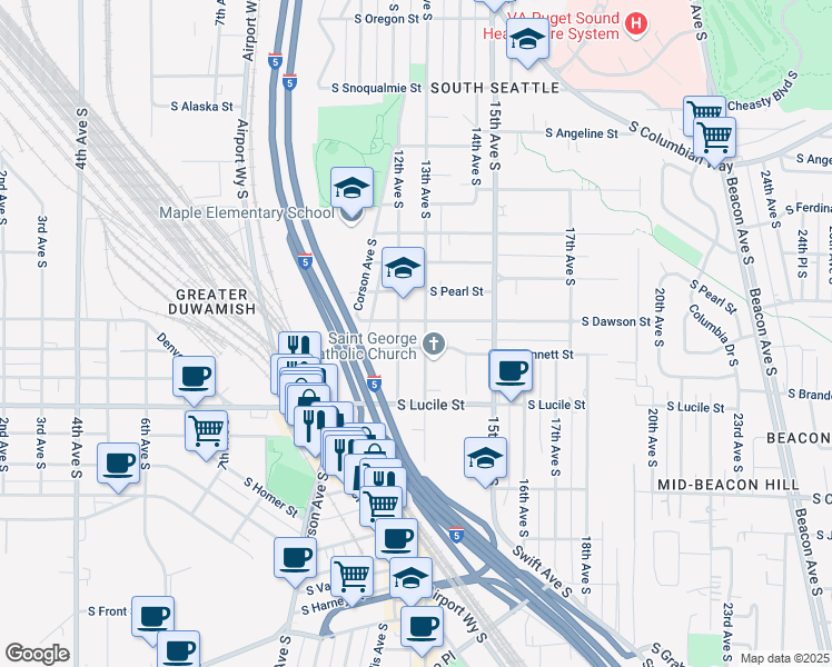map of restaurants, bars, coffee shops, grocery stores, and more near 1300 South Dawson Street in Seattle