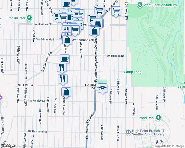 map of restaurants, bars, coffee shops, grocery stores, and more near 5051 Fauntleroy Way Southwest in Seattle