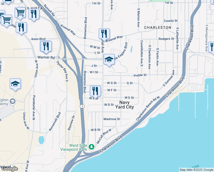 map of restaurants, bars, coffee shops, grocery stores, and more near 3736 West G Street in Bremerton
