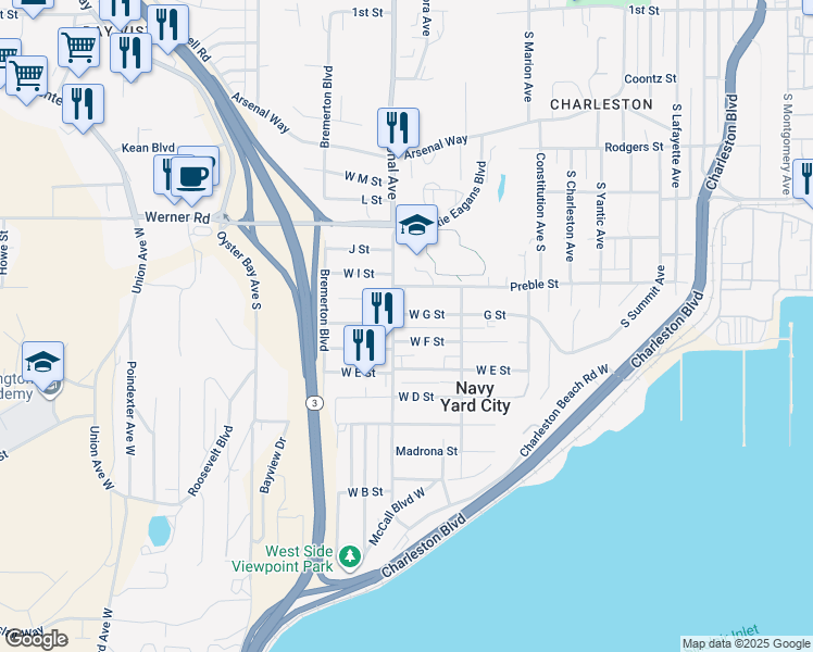 map of restaurants, bars, coffee shops, grocery stores, and more near 3736 West G Street in Bremerton